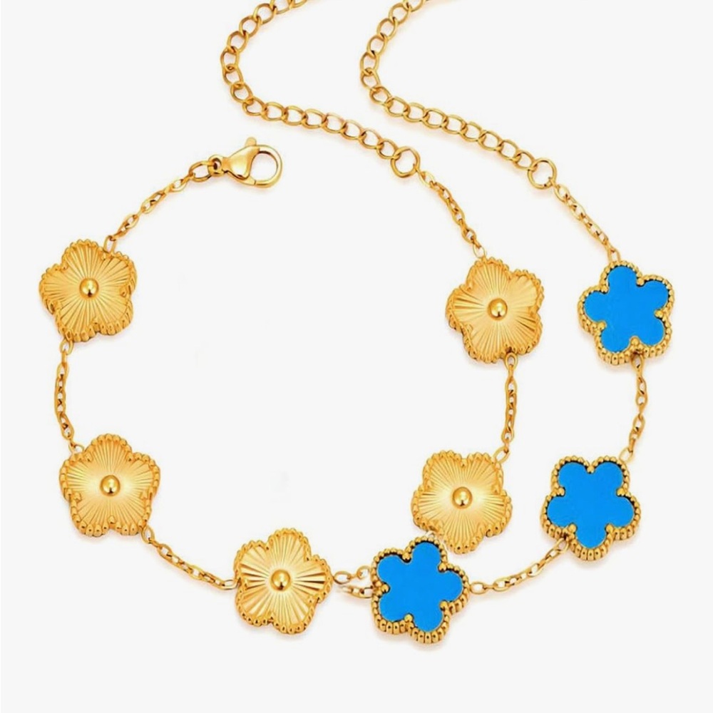 18K Gold Dainty Four Leaf Clover Charm Bracelet Van Cleef Style Set Alhambra 2PC